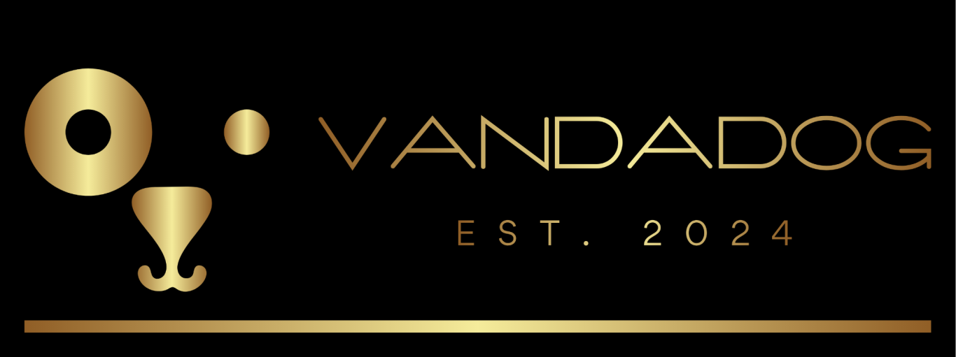 Goldenes Logo von Vandadog, gegründet 2024, mit stilisiertem Hundekopf 