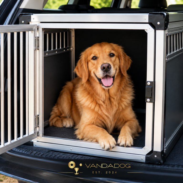 Robuste Hundebox mit zwei separaten Fächern und stabilen Gittertüren.