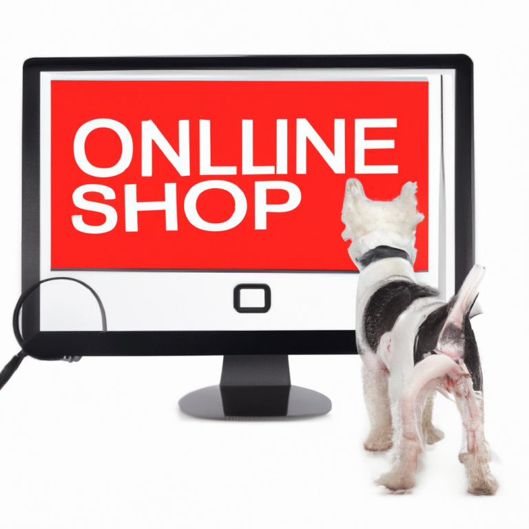 Hund steht vor einem Computerbildschirm mit der Aufschrift "ONLINE SHOP".